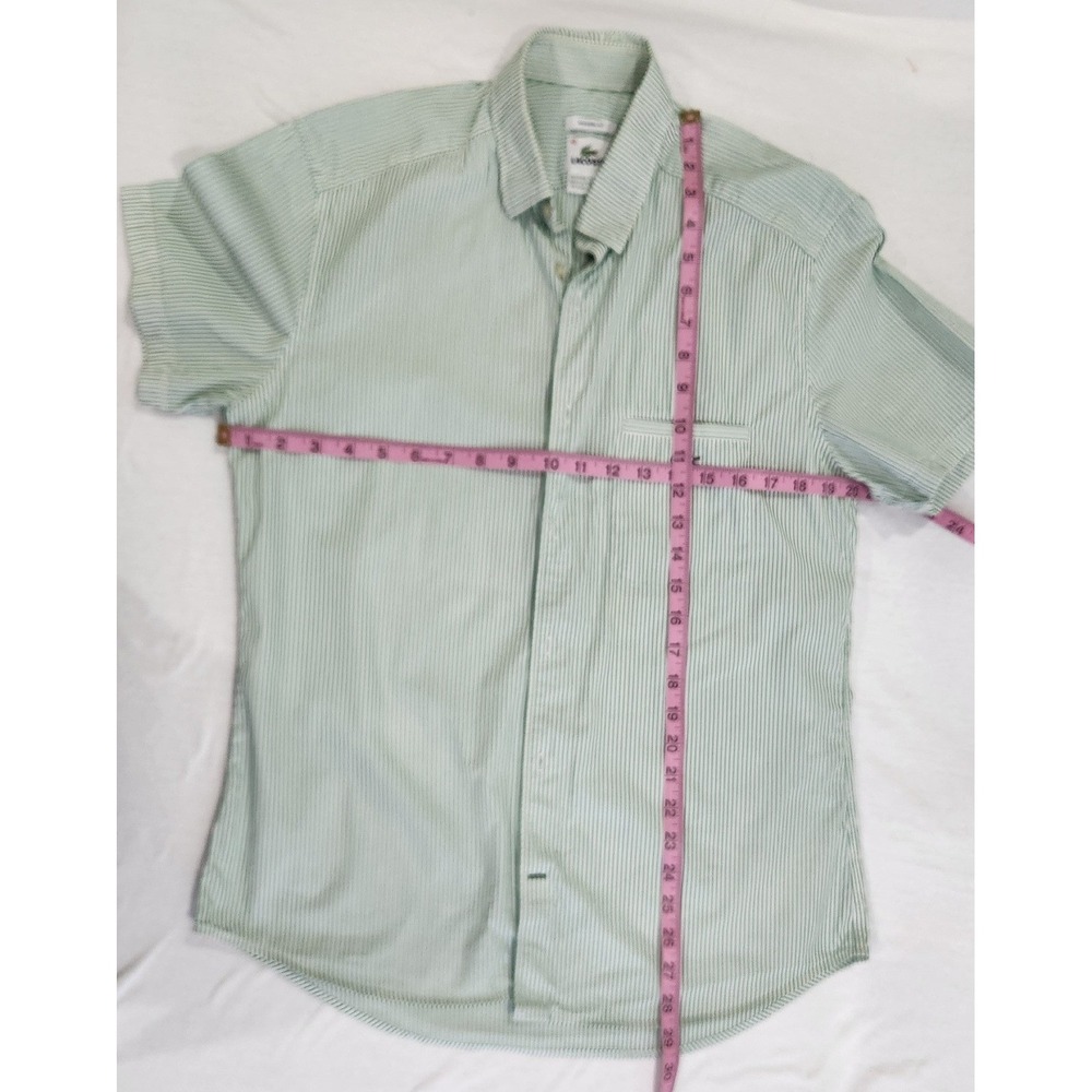 Lacoste Mens Green White Striped Short Sleeve Button Down Shirt Modern Fit 40 - Picture 3 of 7